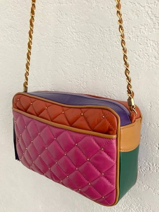 Vintage Quilted Color Block Multi-Color Leather Studded Tassel Crossbody Bag - Picture 6 of 17